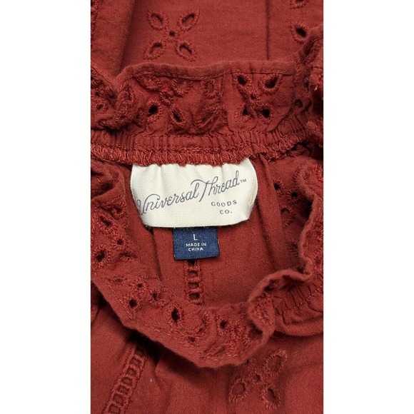 Universal Thread Eyelet Ruffle Neck Top Rust Brown Blouse Casual Large - Picture 4 of 5